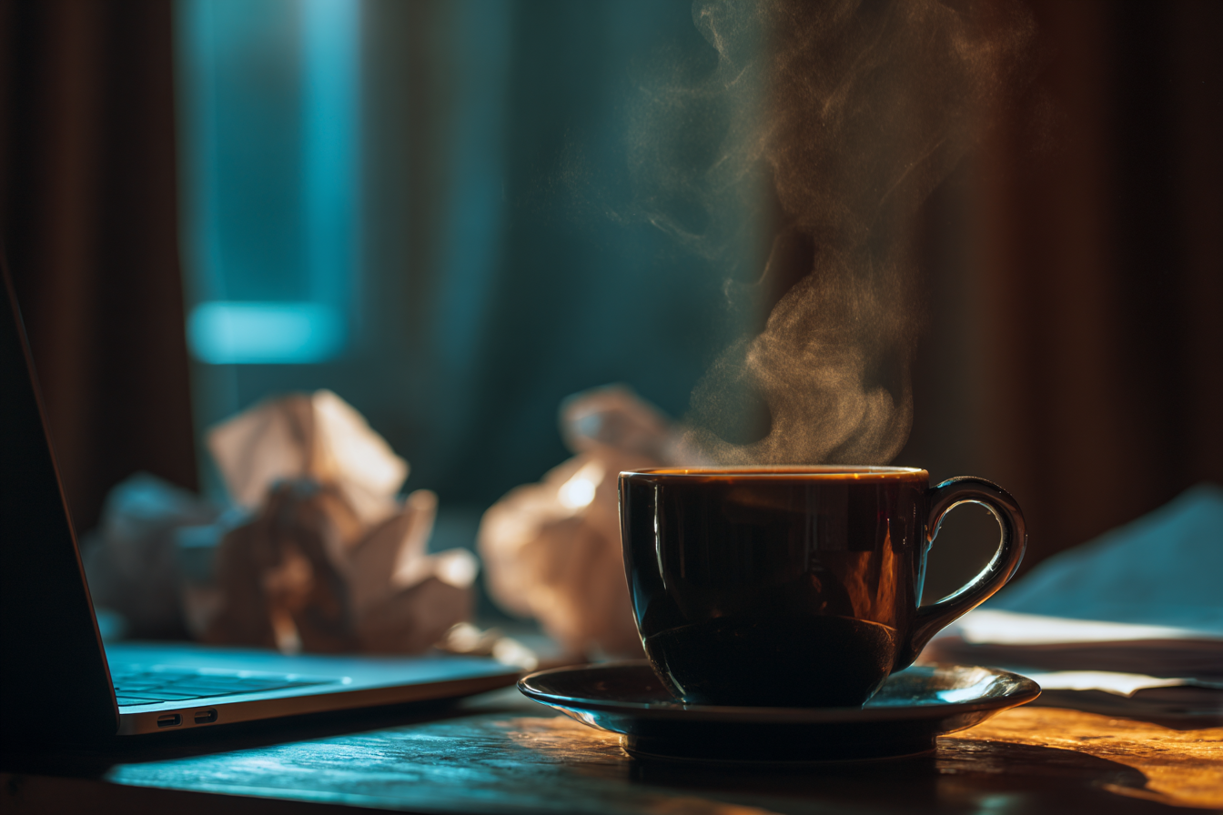 Una taza de café sobre un escritorio | Fuente: Midjourney