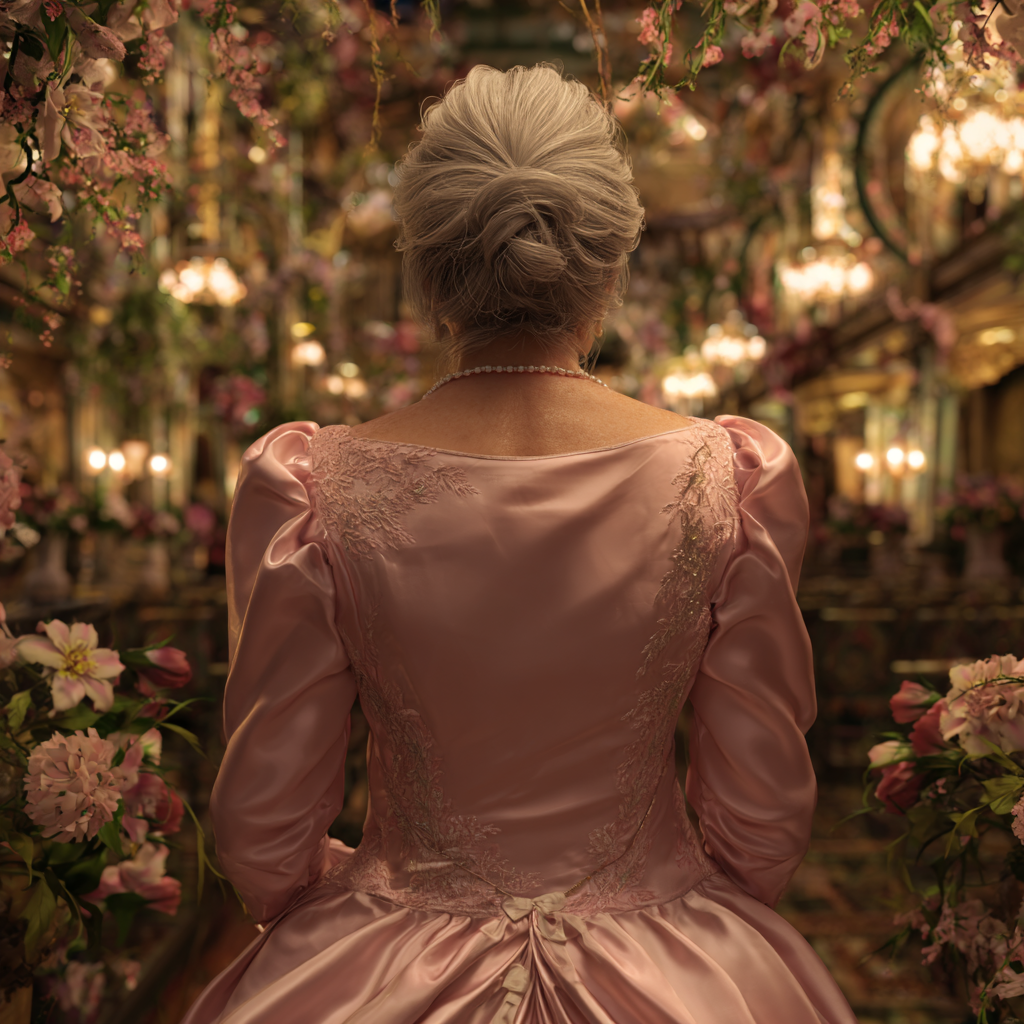 Una mujer mayor con un vestido de satén rosa | Fuente: Midjourney