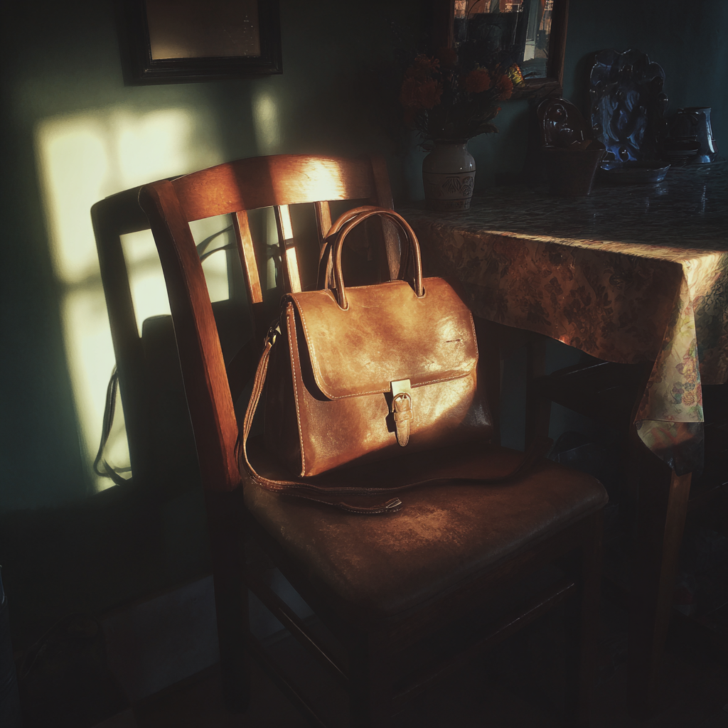 Un bolso marrón en una silla de cocina | Fuente: Midjourney