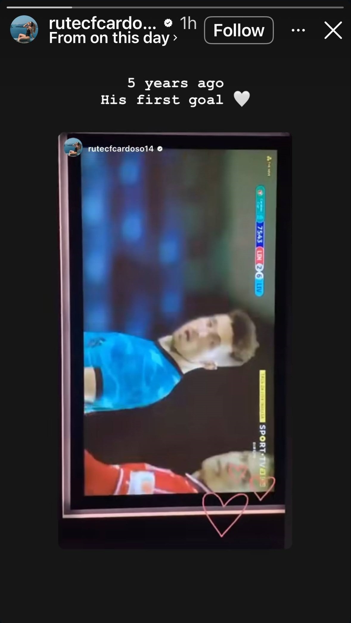 Historia de Instagram de Rute Cardoso recordando el primer gol de su difunto esposo, Diogo Jota | Fuente: Instagram Stories/rutecfcardoso14