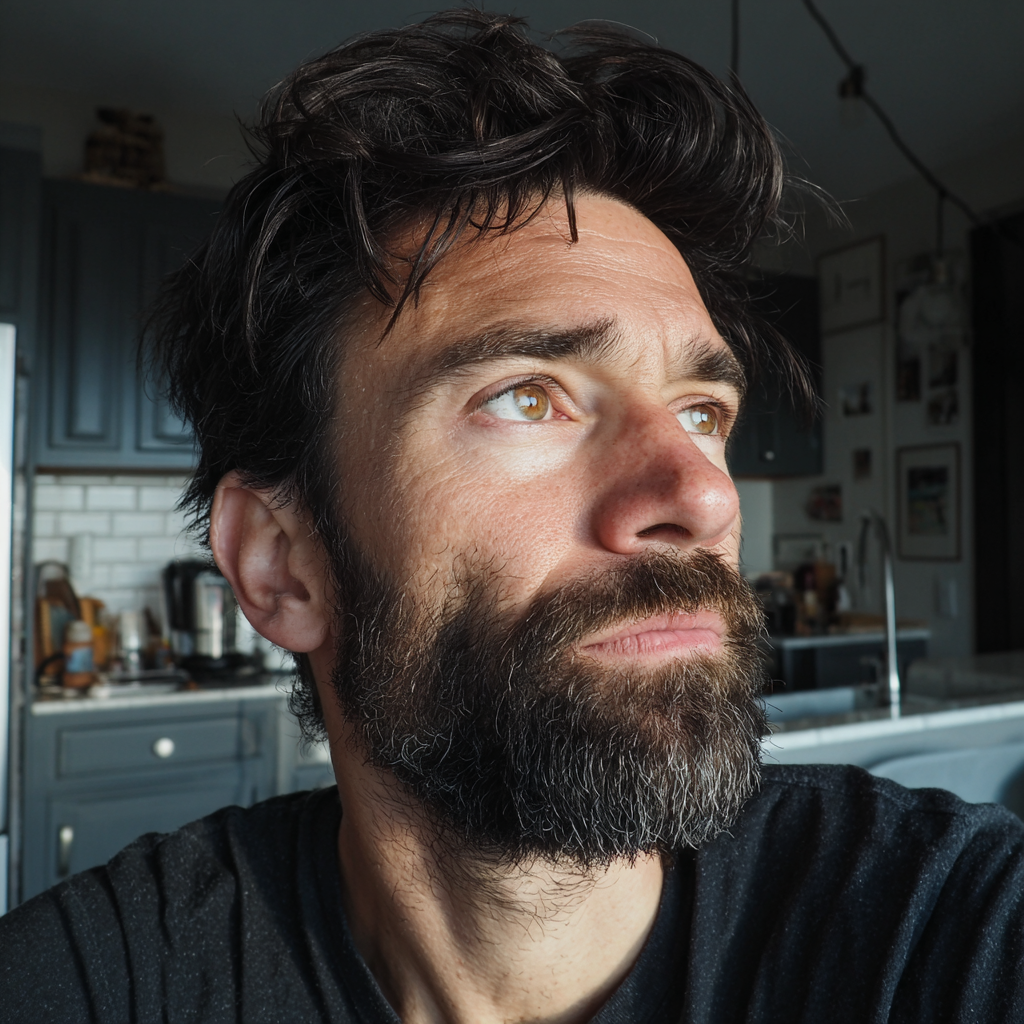 Un hombre pensativo de pie en una cocina | Fuente: Midjourney