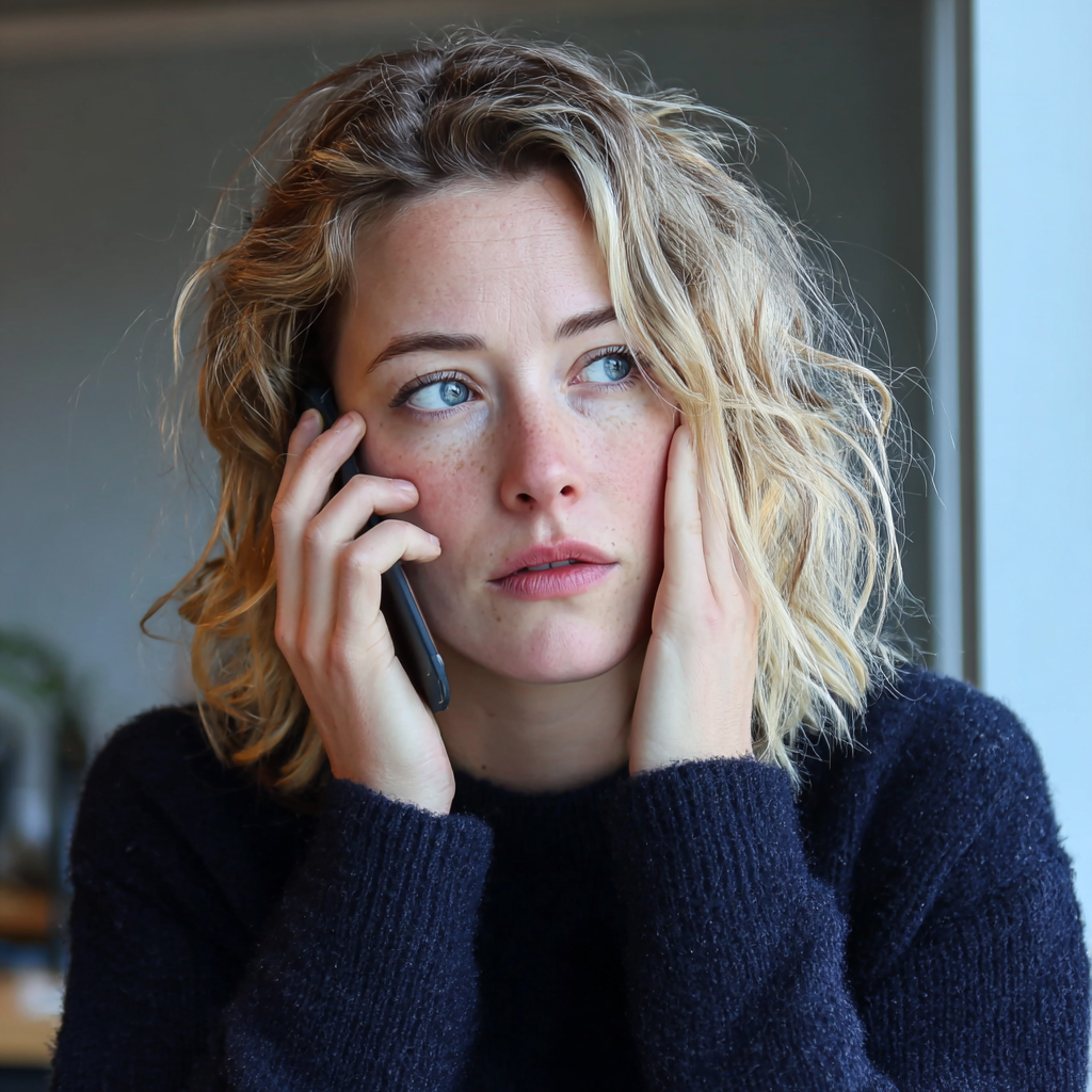 Una mujer sujetándose la cara y hablando por teléfono | Fuente: Midjourney