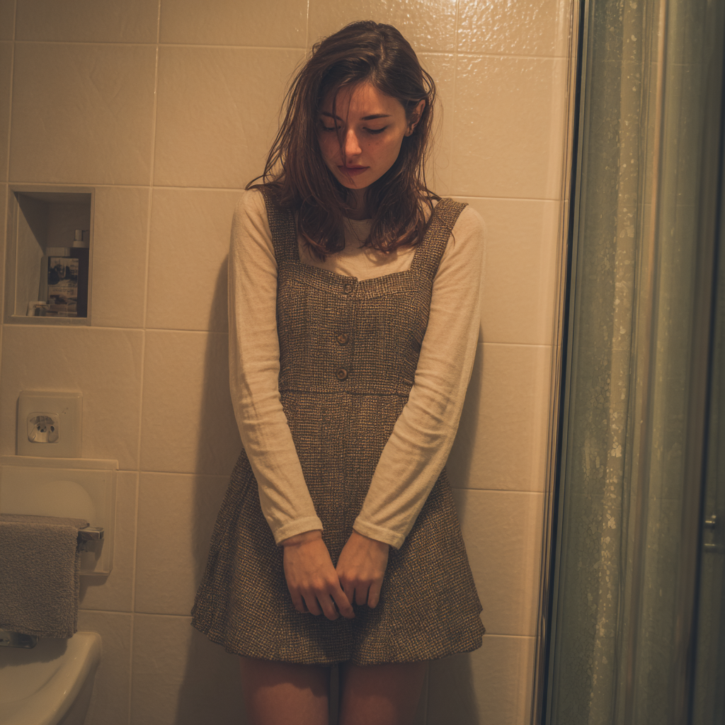 Una mujer emocional de pie en un cuarto de baño | Fuente: Midjourney