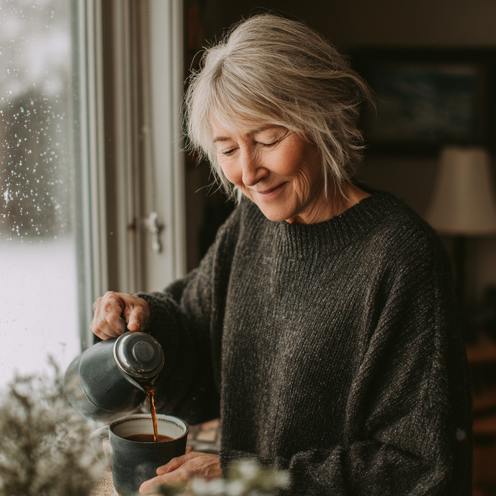 Una mujer feliz sirviendo té | Fuente: Midjourney