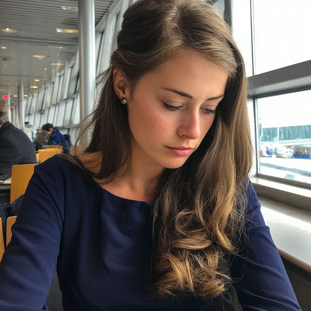 Una joven alterada sentada en un aeropuerto | Fuente: Midjourney