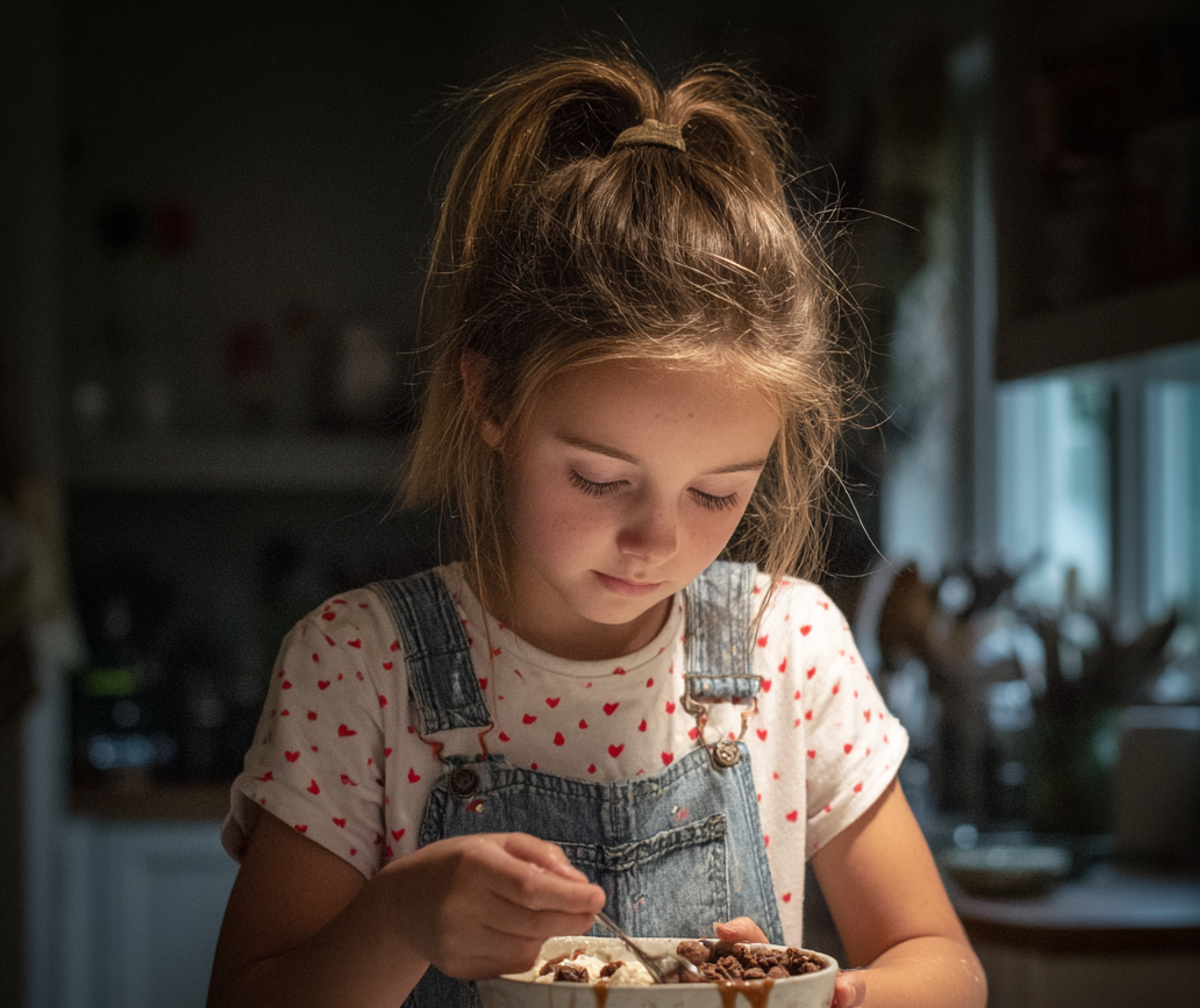 Una niña comiendo un bol de helado | Fuente: Midjourney
