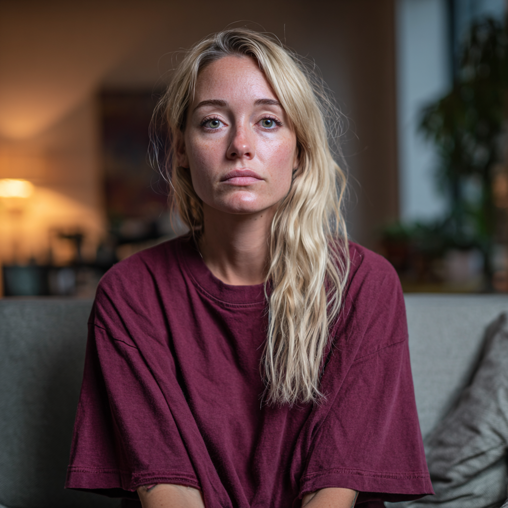 Una mujer con una camiseta granate | Fuente: Midjourney