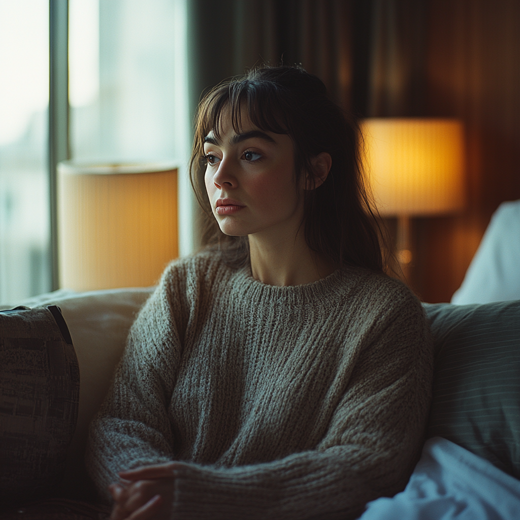 Sarah sentada pensando lo que le dijo Evelyn | Fuente: Midjourney