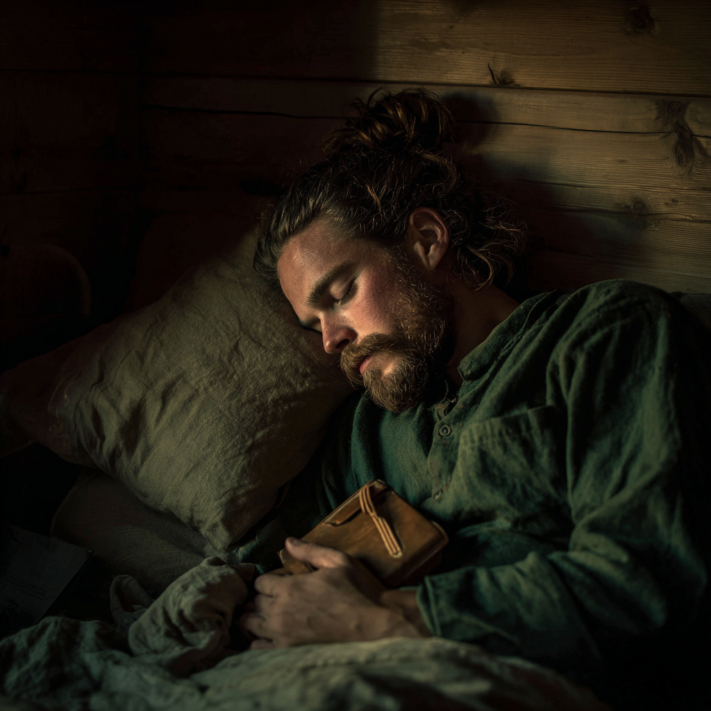 Un hombre sostiene una caja de madera mientras duerme | Fuente: Midjourney