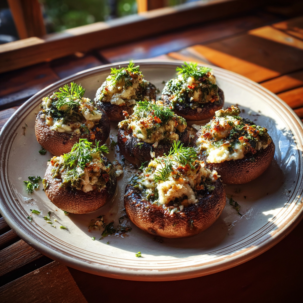 Un plato de champiñones rellenos | Fuente: Midjourney