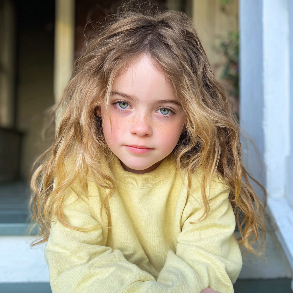 Una niña sentada en el escalón de un porche | Fuente: Midjourney