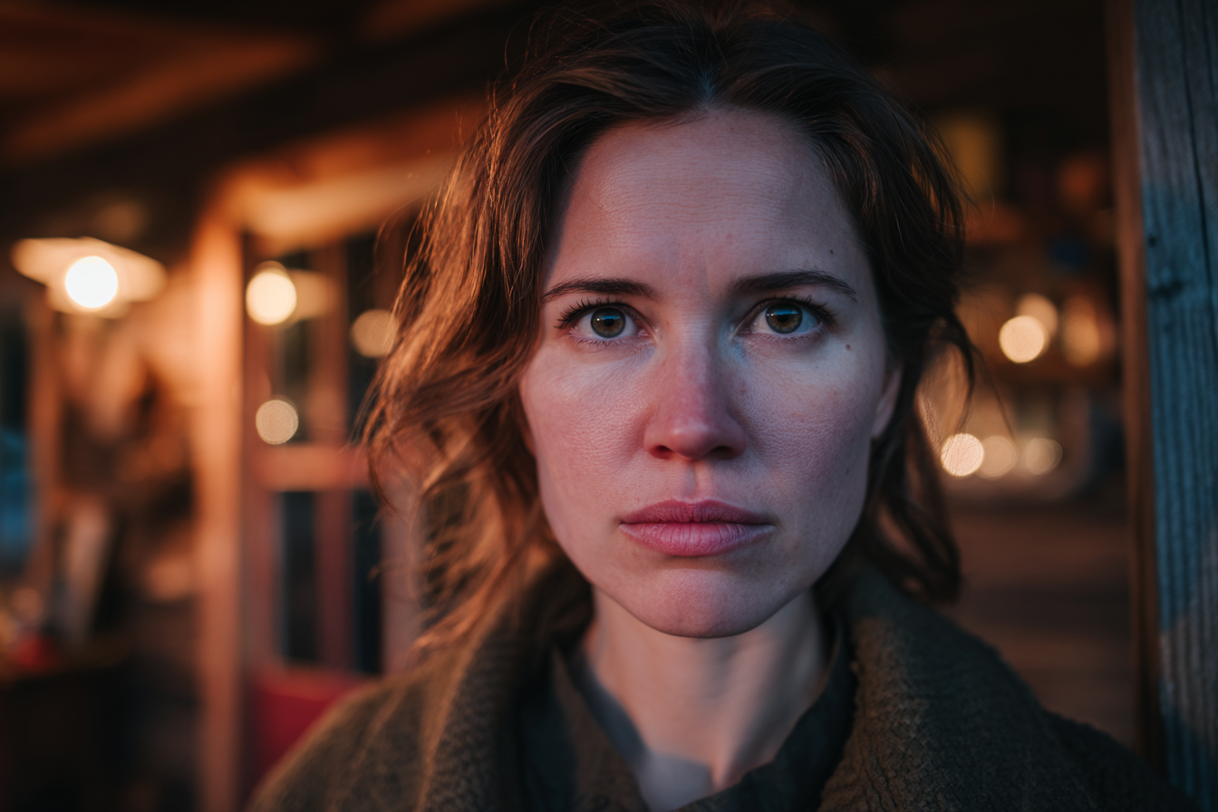 Una mujer con expresión facial seria de pie en una cabaña | Fuente: Midjourney