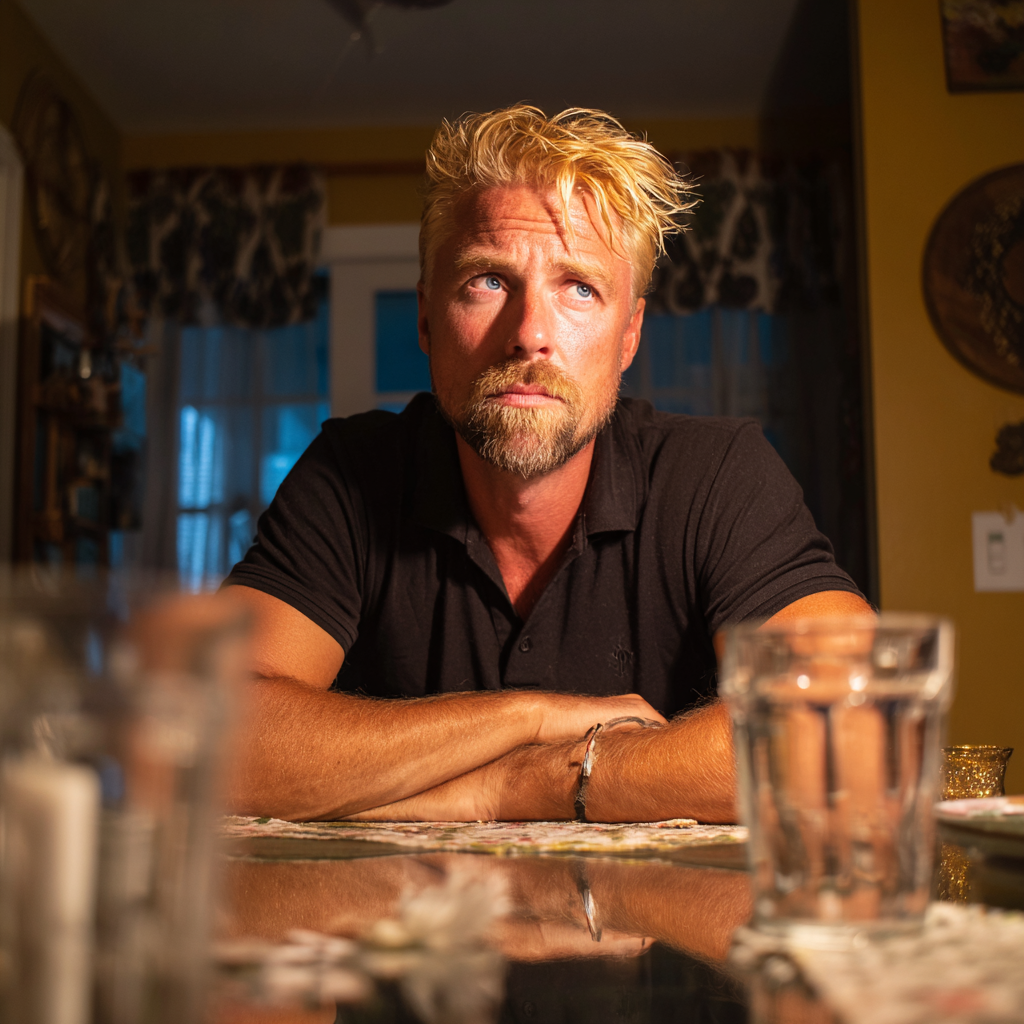 Un hombre poco impresionado sentado a la mesa del comedor | Fuente: Midjourney