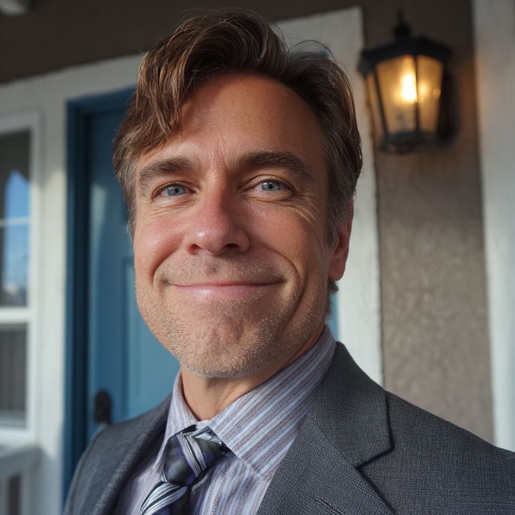 Un hombre sonriente de pie en un porche | Fuente: Midjourney