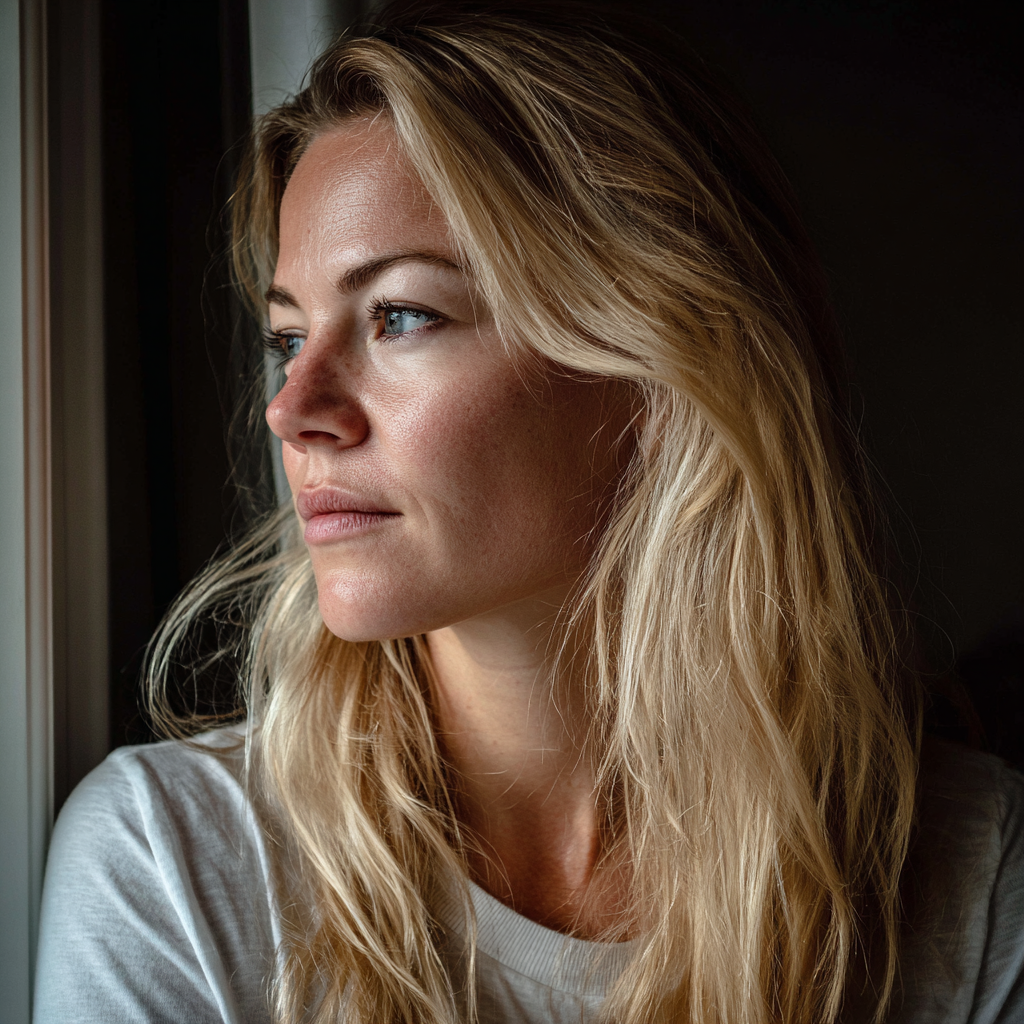 Una mujer mirando por la ventana | Fuente: Midjourney