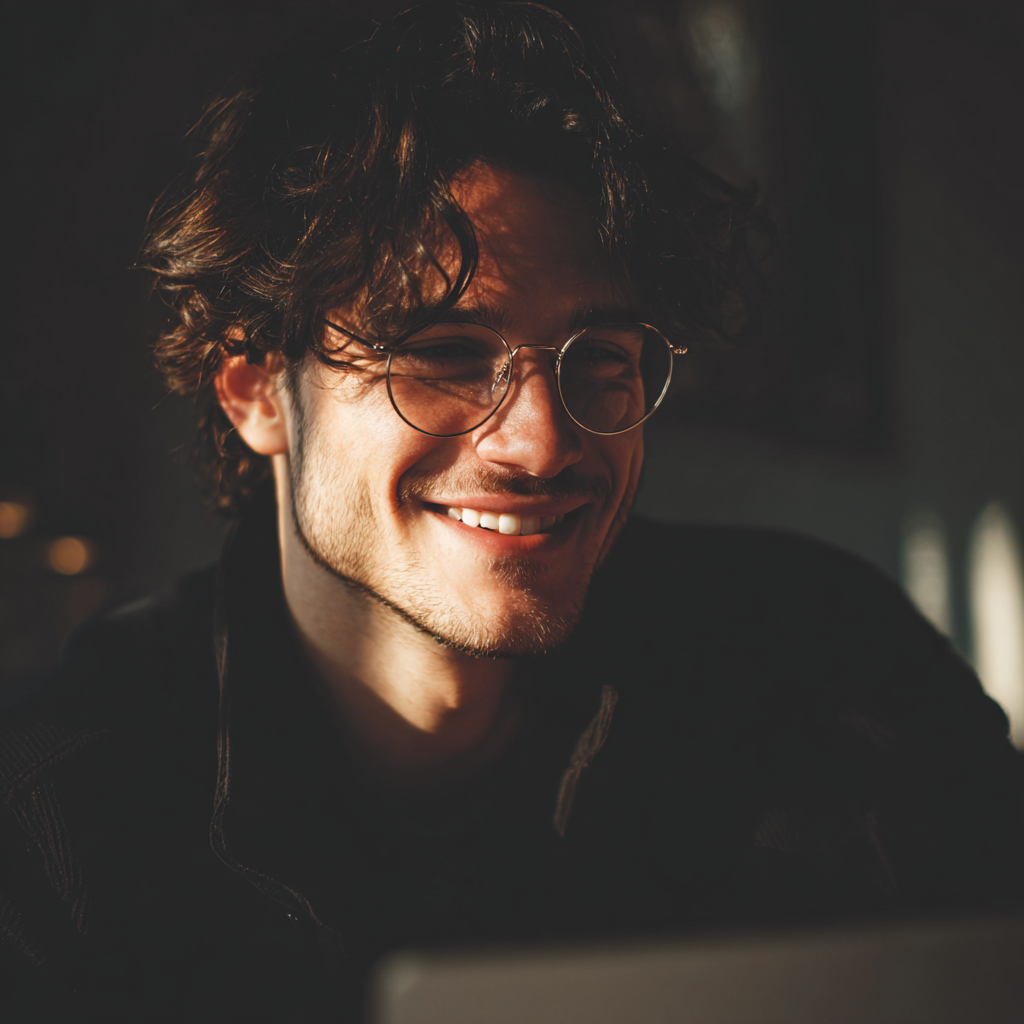 Un hombre sonriente utilizando un ordenador portátil | Fuente: Midjourney