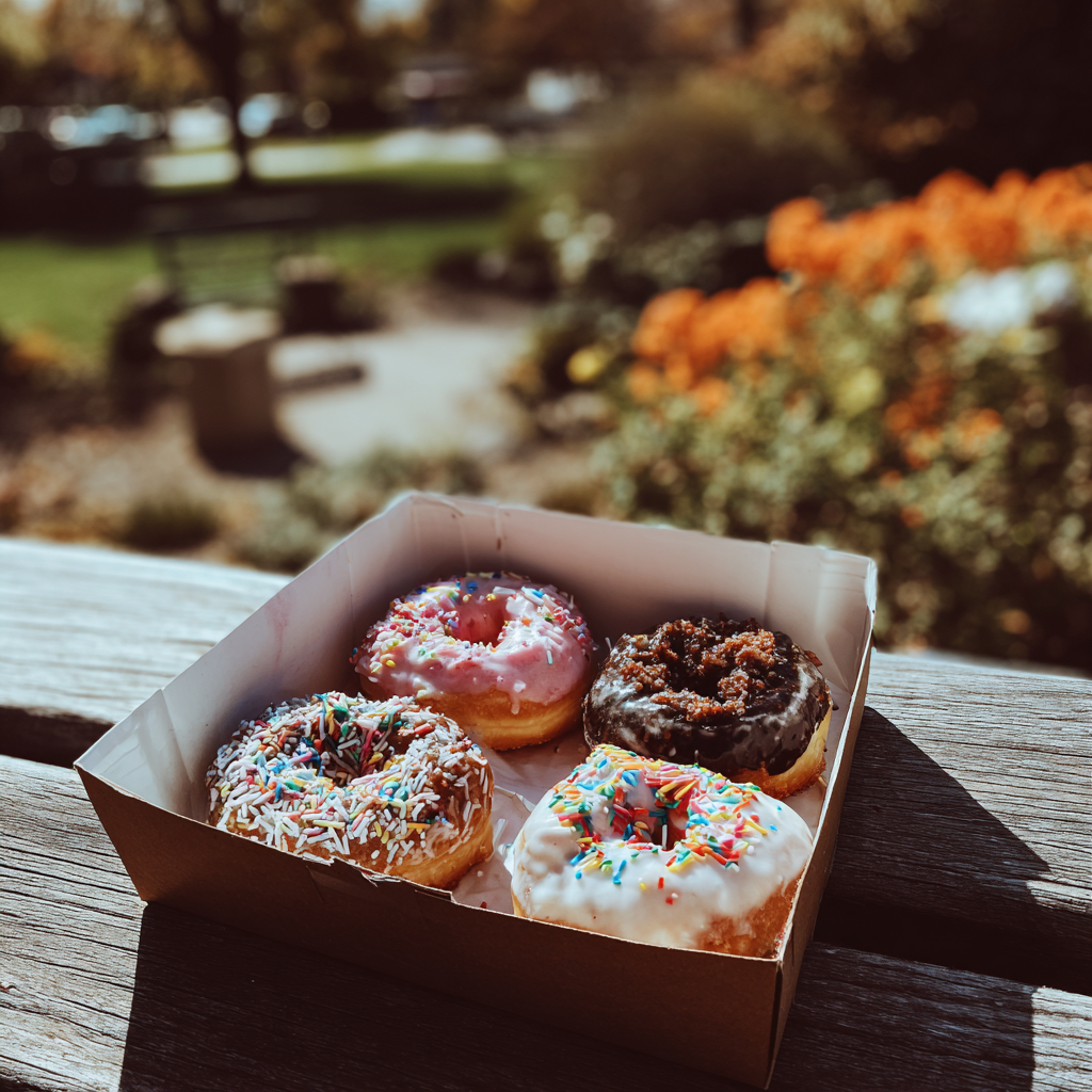 Una caja de donas en el banco de un parque | Fuente: Midjourney