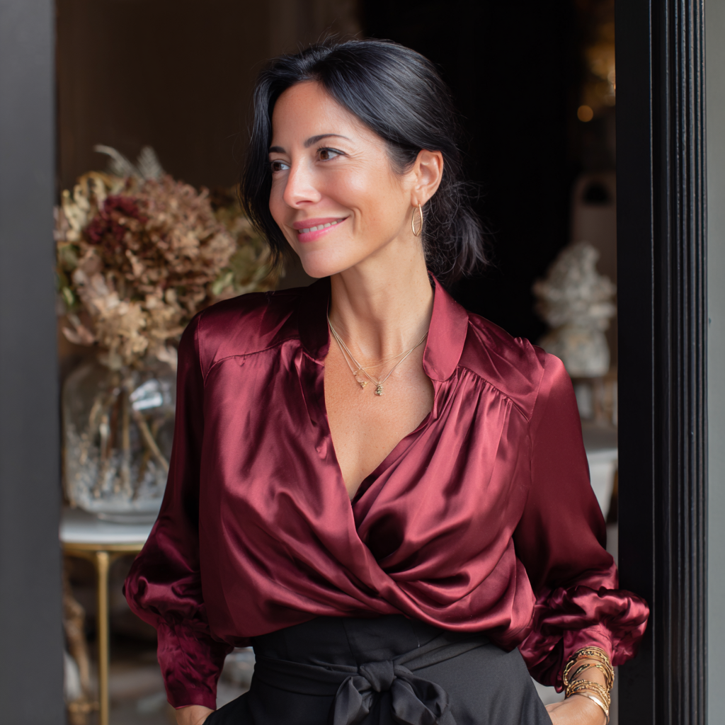 Una mujer sonriente con una blusa de seda | Fuente: Midjourney