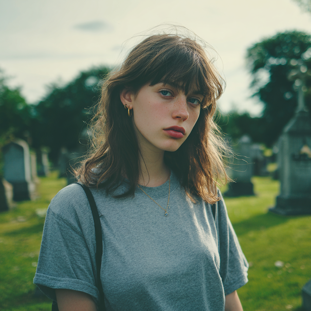 Una joven pensativa de pie en un cementerio | Fuente: Midjourney