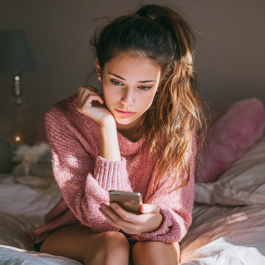Una adolescente utilizando su teléfono móvil | Fuente: Midjourney