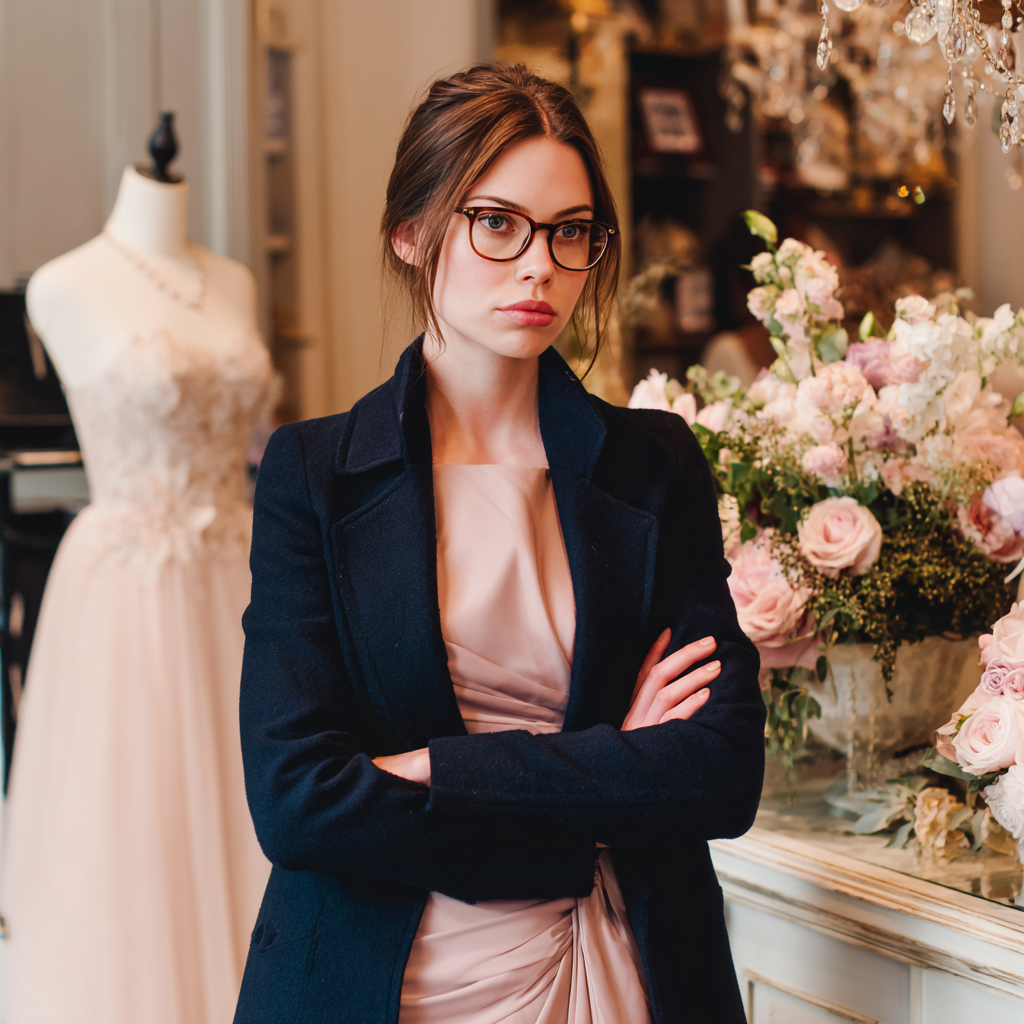 Una mujer de pie en una boutique con los brazos cruzados | Fuente: Midjourney