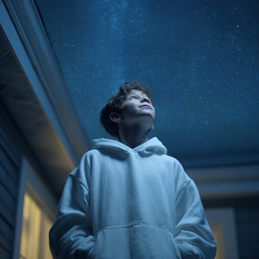 Un niño curioso contemplando el cielo nocturno | Fuente: Midjourney
