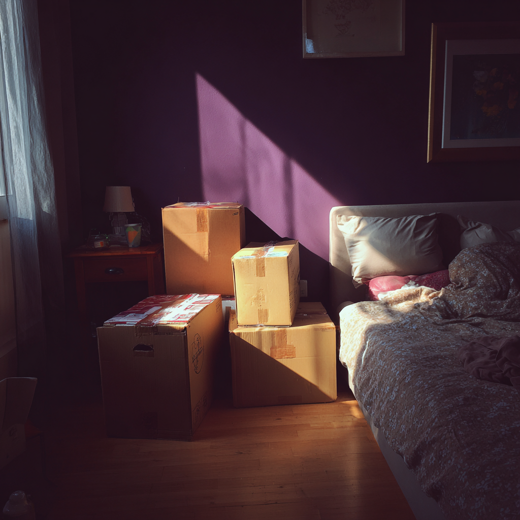 Cajas de cartón en un dormitorio | Fuente: Midjourney