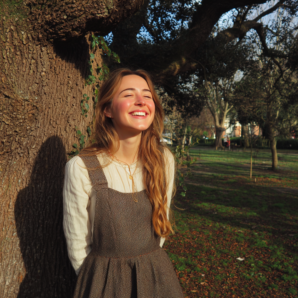 Una mujer sonriente con un vestido | Fuente: Midjourney