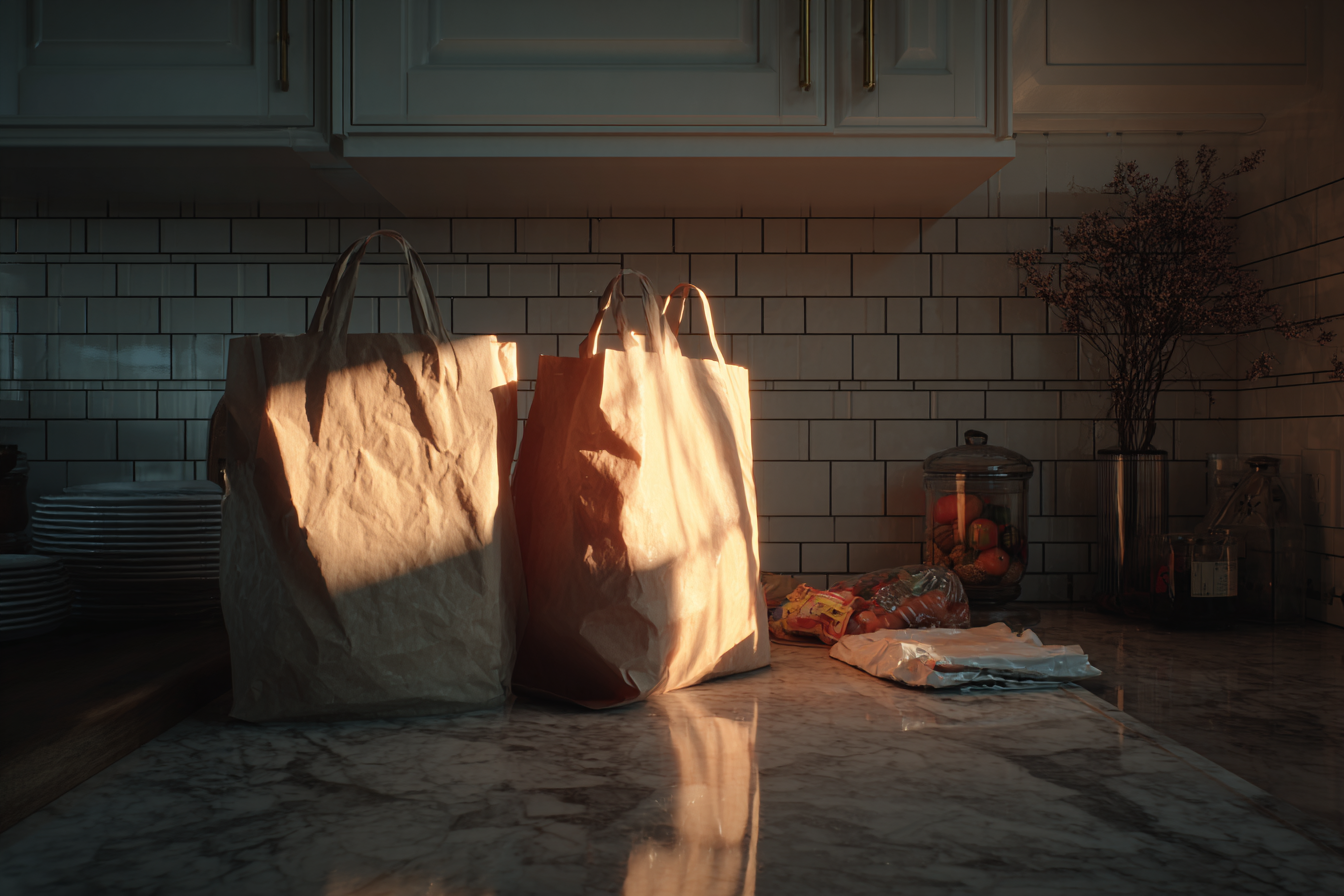 Bolsas de las compras en la encimera de la cocina | Fuente: Midjourney