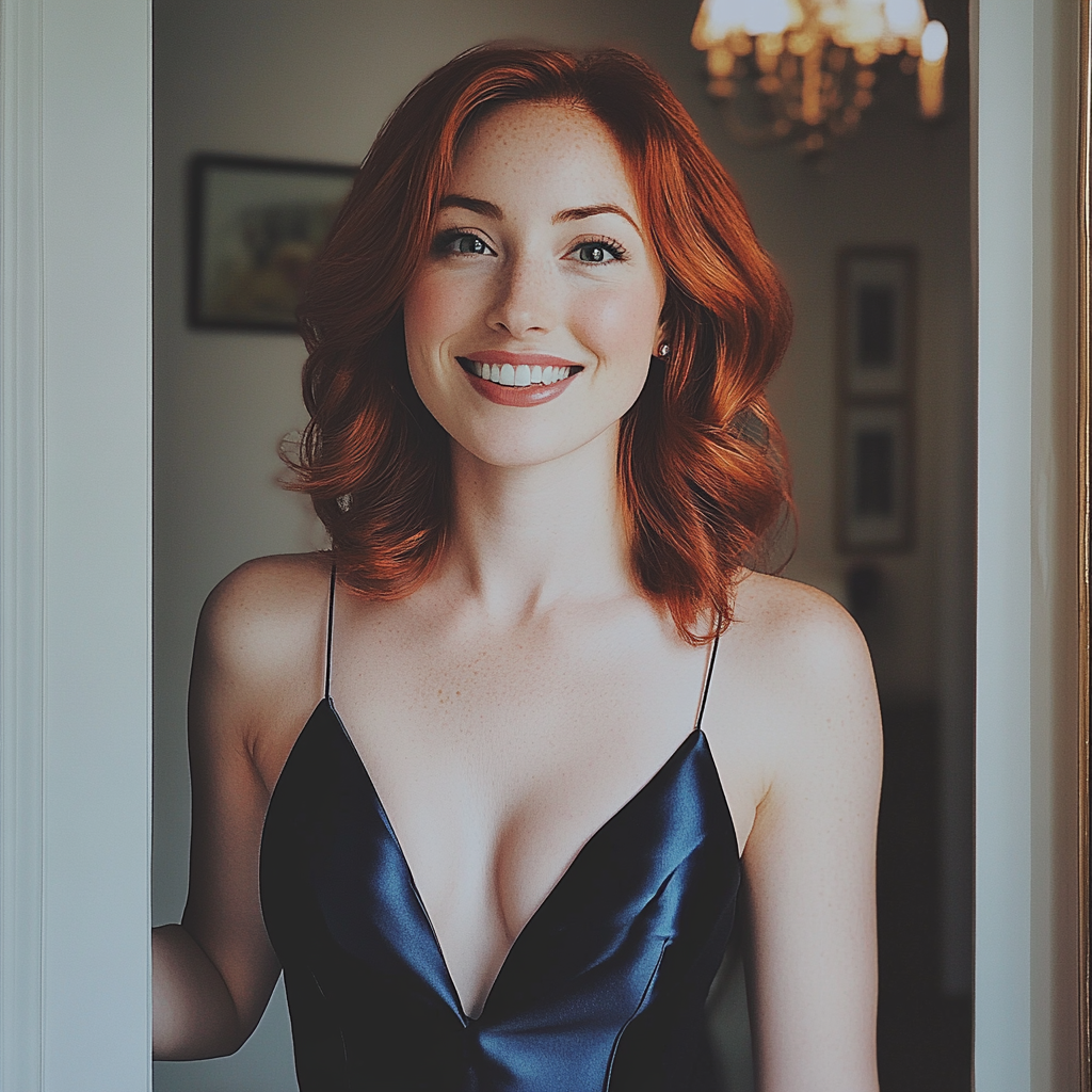 Una mujer sonriente con un vestido de satén azul | Fuente: Midjourney