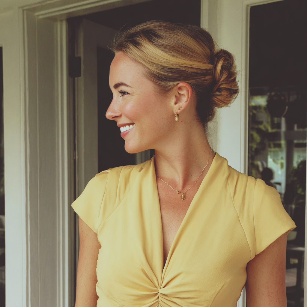 Una mujer sonriente en un porche | Fuente: Midjourney