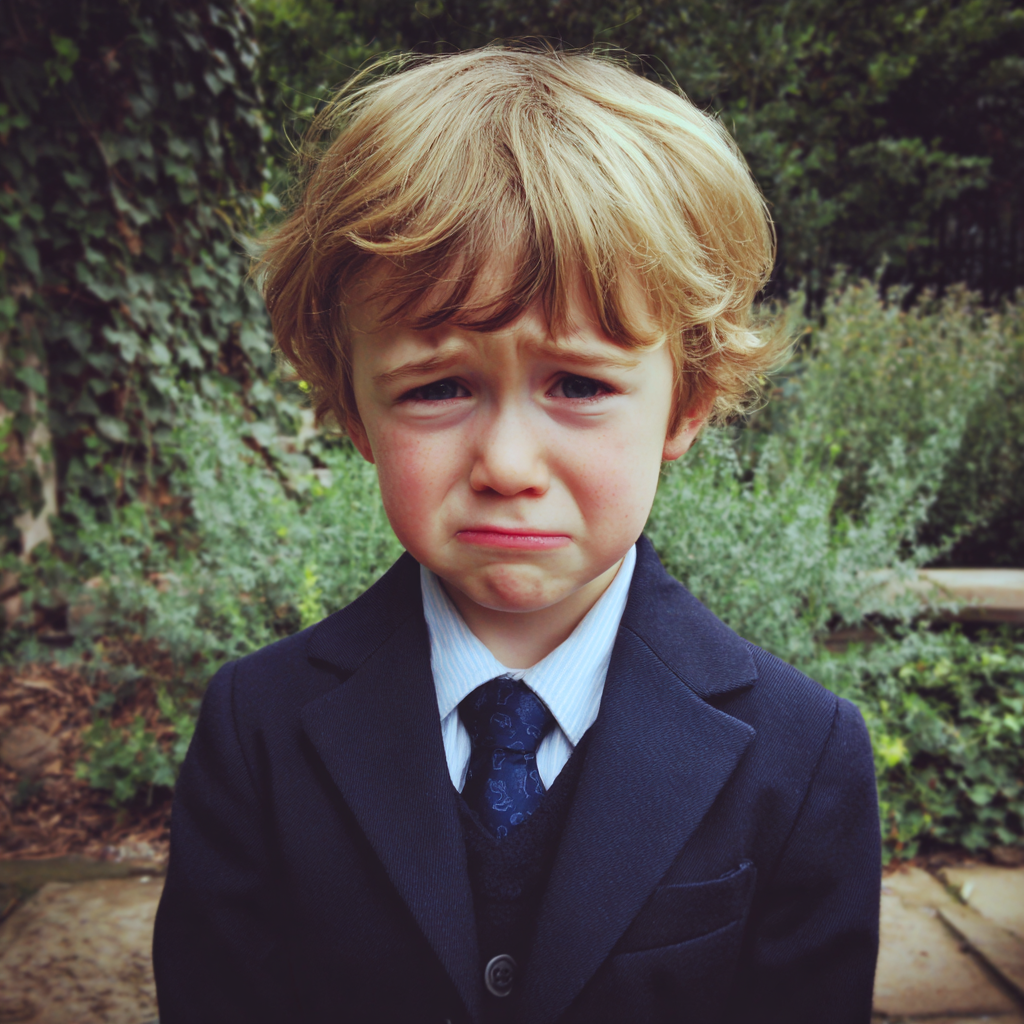 Un niño llorando con un traje azul marino | Fuente: Midjourney