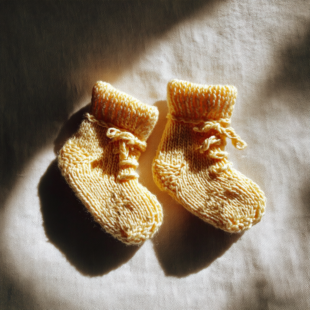 Un par de calcetines tejidos de color amarillo para un recién nacido | Fuente: Midjourney
