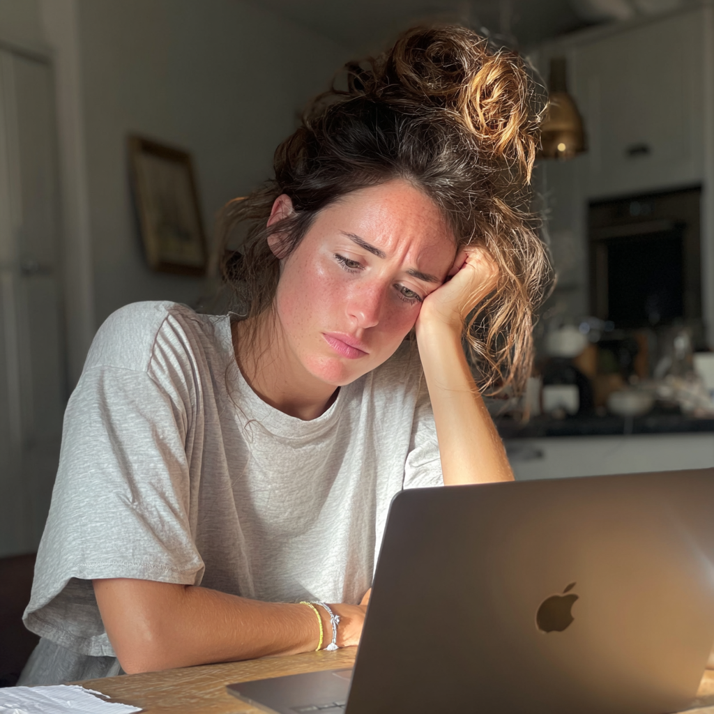 Una mujer exhausta utilizando su ordenador portátil | Fuente: Midjourney
