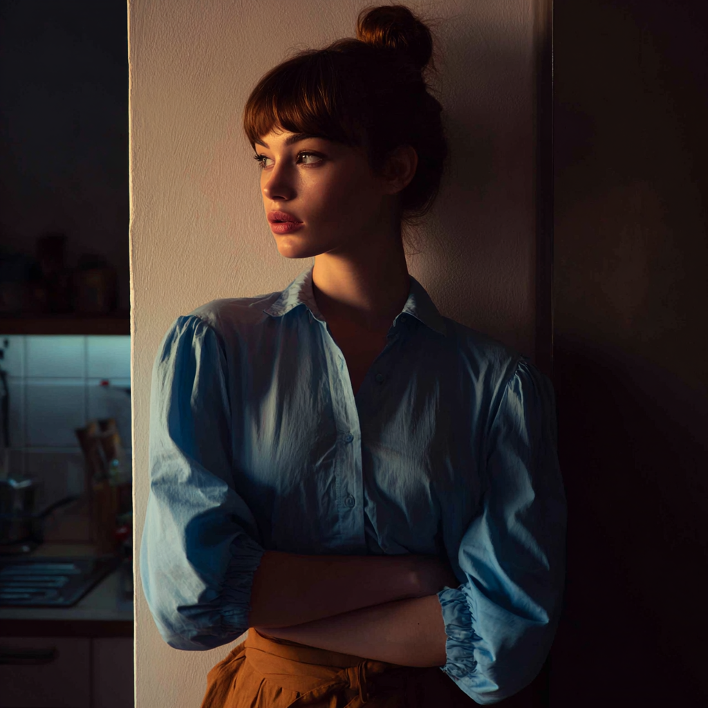 Una mujer apoyada en una pared | Fuente: Midjourney