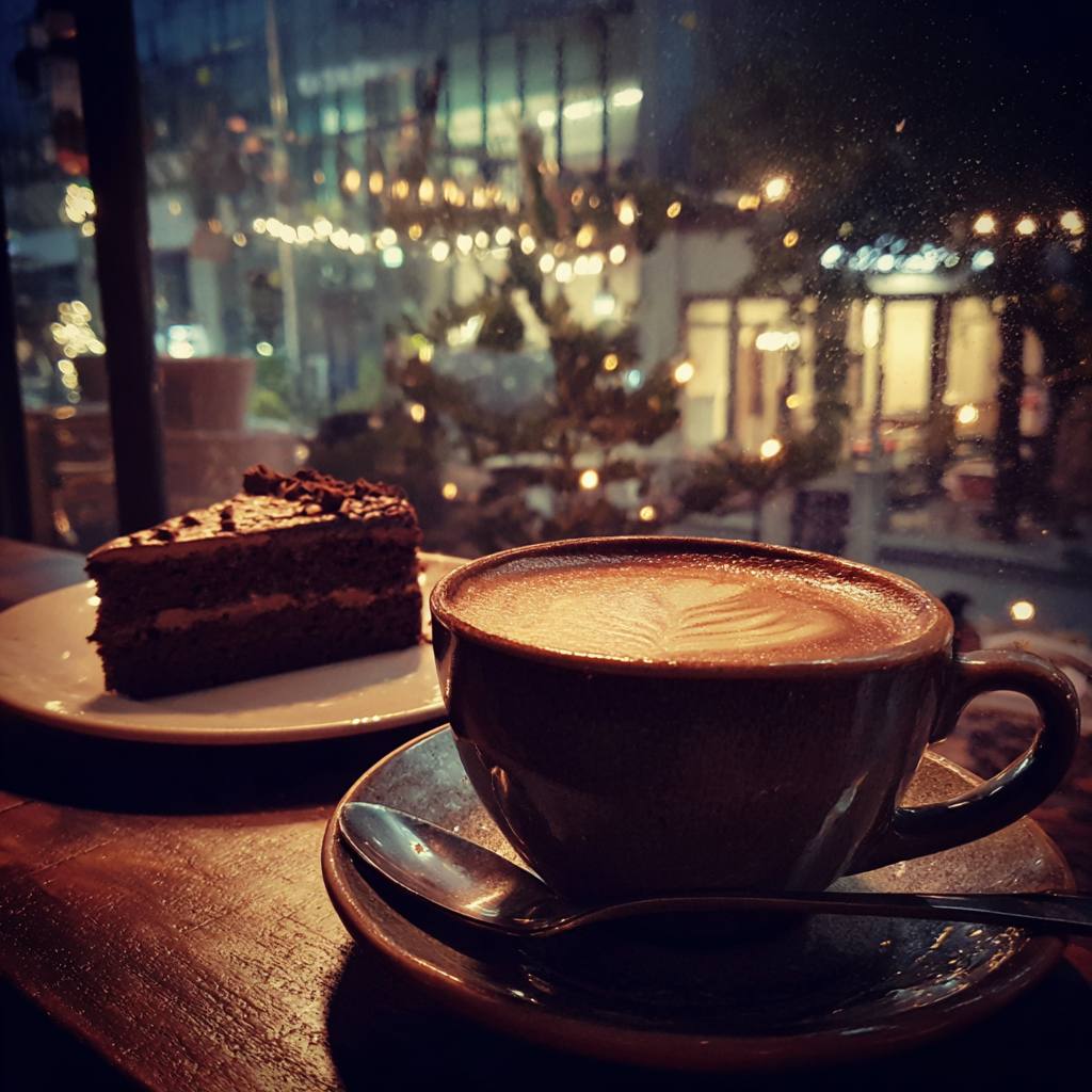 Una taza de café y un trozo de Pastel en una cafetería | Fuente: Midjourney