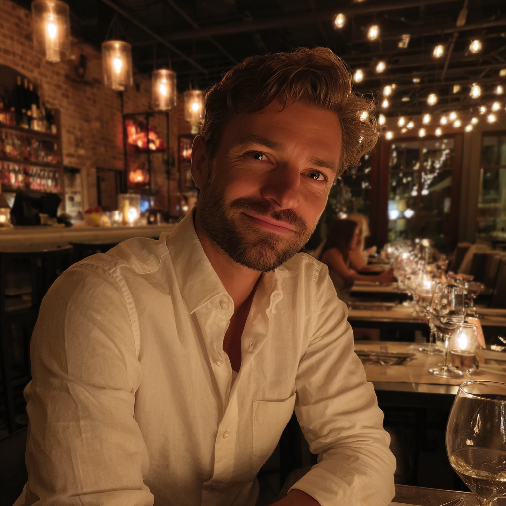 Un hombre sonriente sentado en un restaurante | Fuente: Midjourney