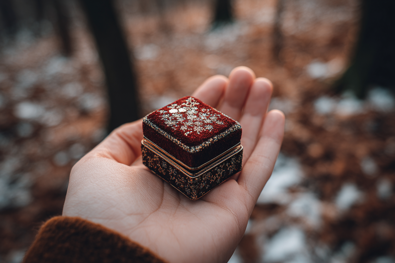 Una caja de terciopelo en la mano de una mujer | Fuente: Midjourney