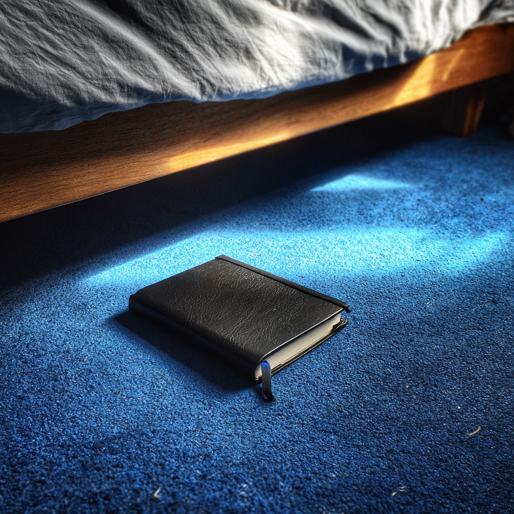 Un cuaderno negro en el suelo de un dormitorio | Fuente: Midjourney