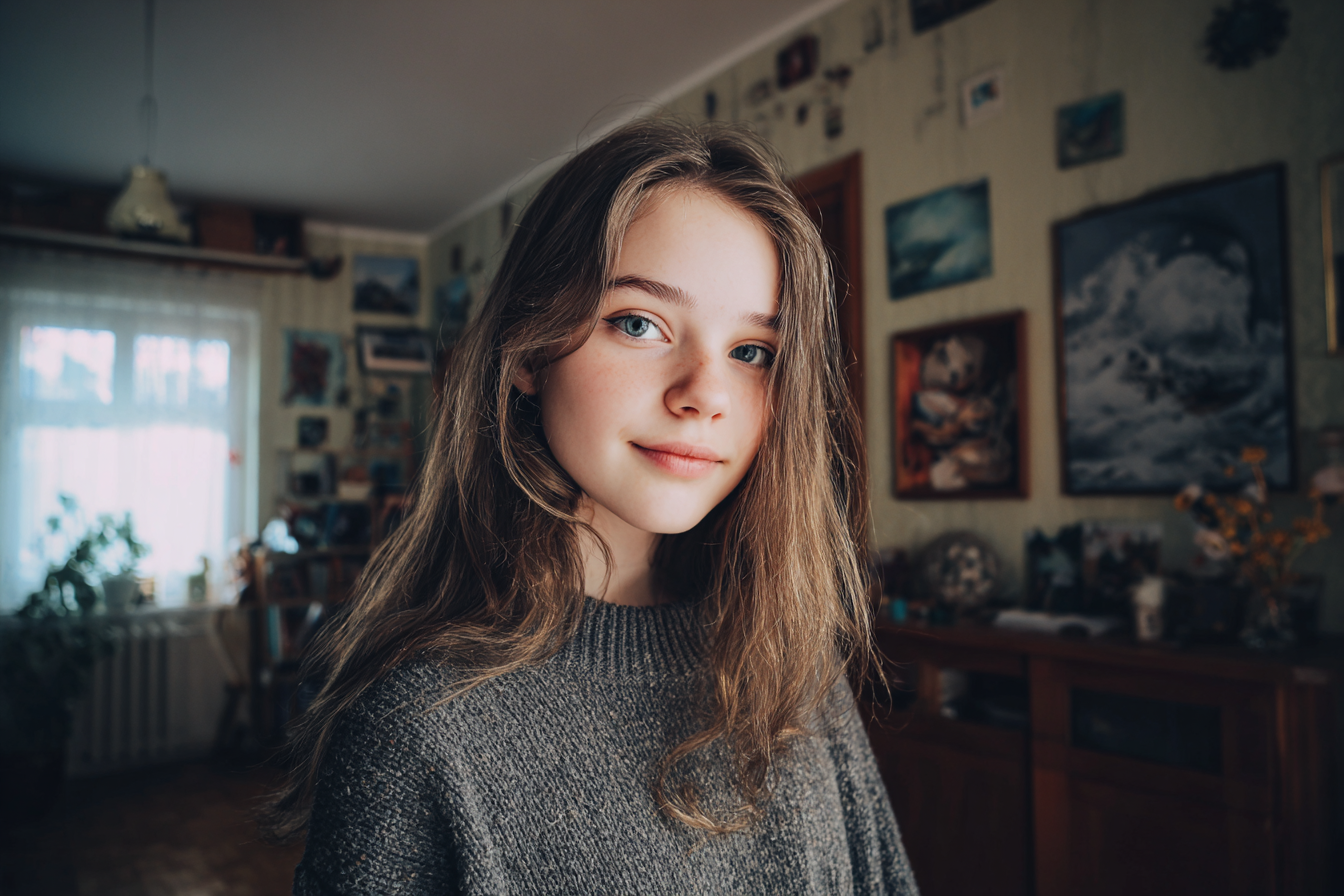 Una niña de pie en su casa | Fuente: Midjourney