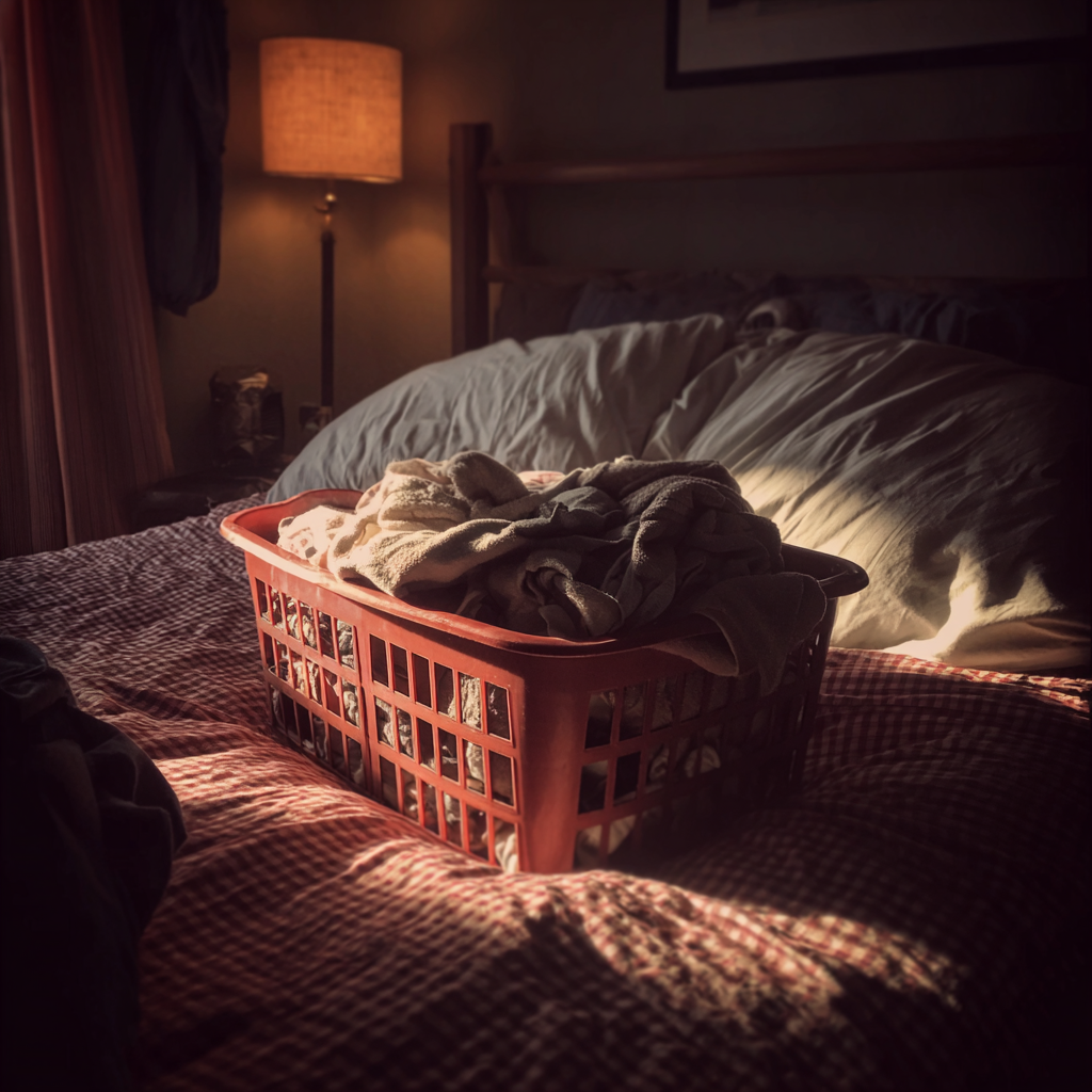 Un cesto de ropa sucia sobre una cama | Fuente: Midjourney