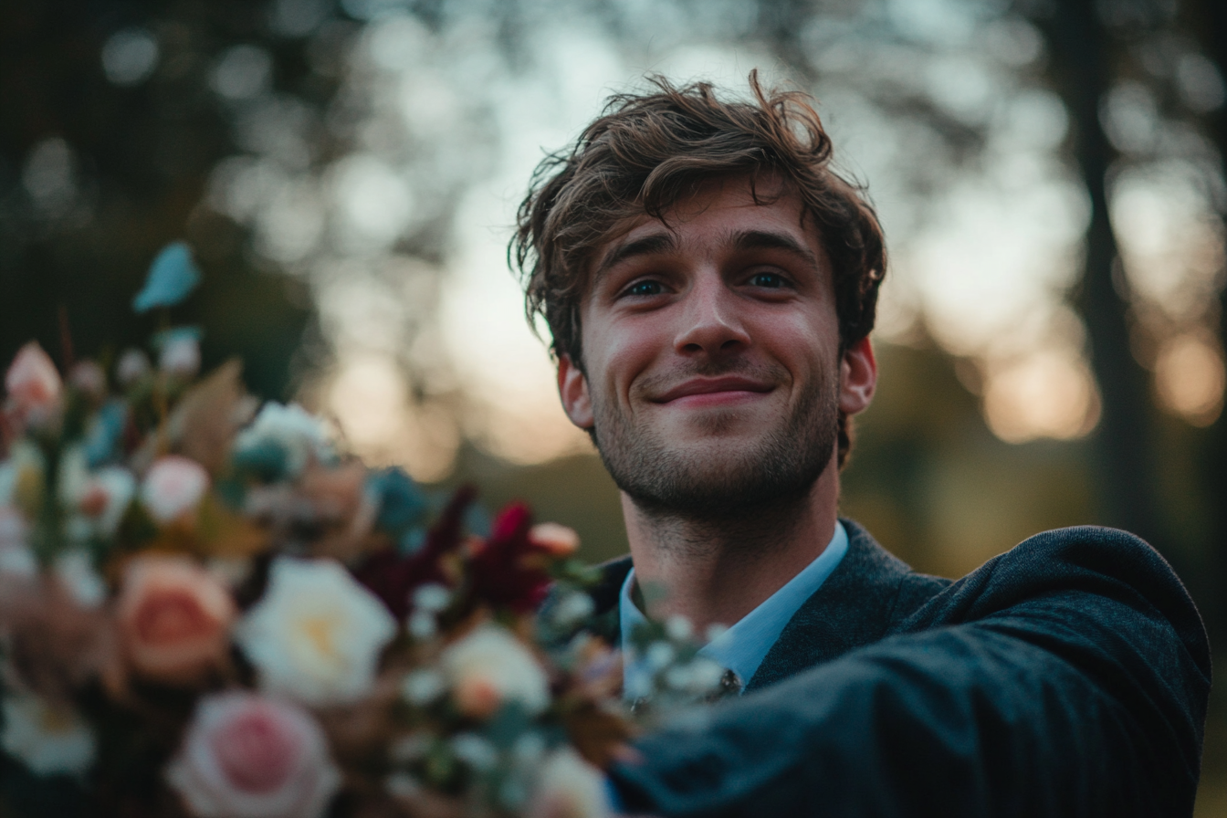 Un joven sonriente sosteniendo un ramo | Fuente: Midjourney