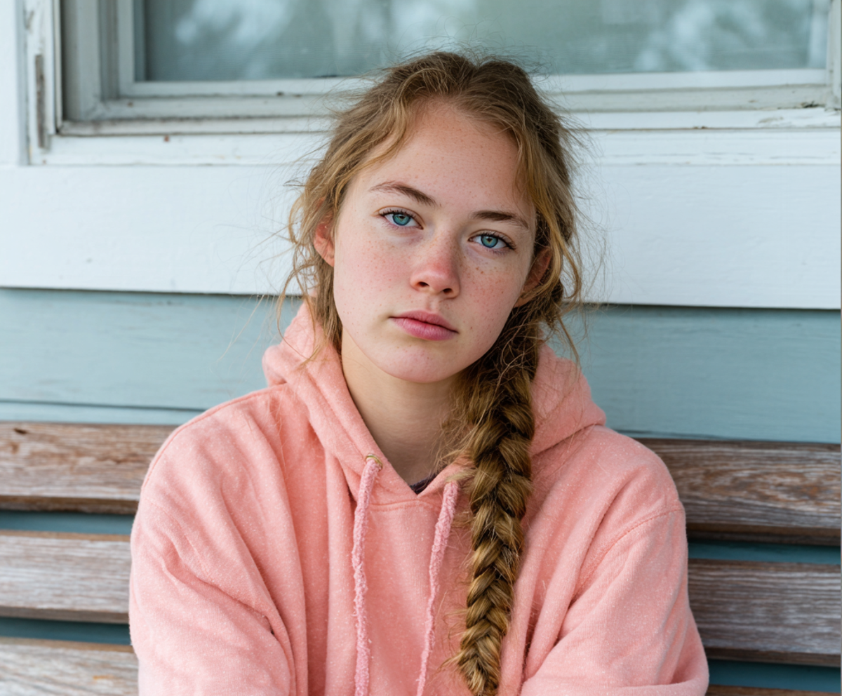 Primer plano de una adolescente alterada sentada fuera | Fuente: Midjourney