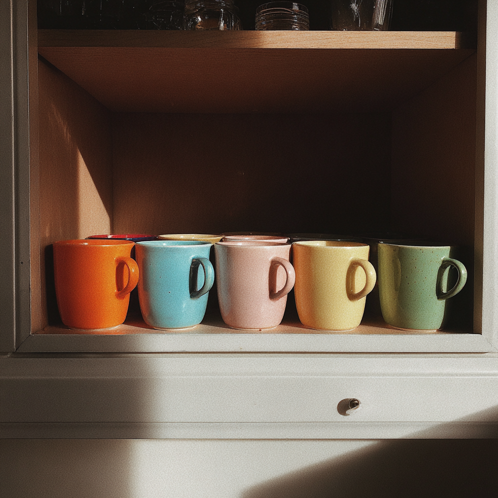 Una hilera de tazas de colores en un armario | Fuente: Midjourney