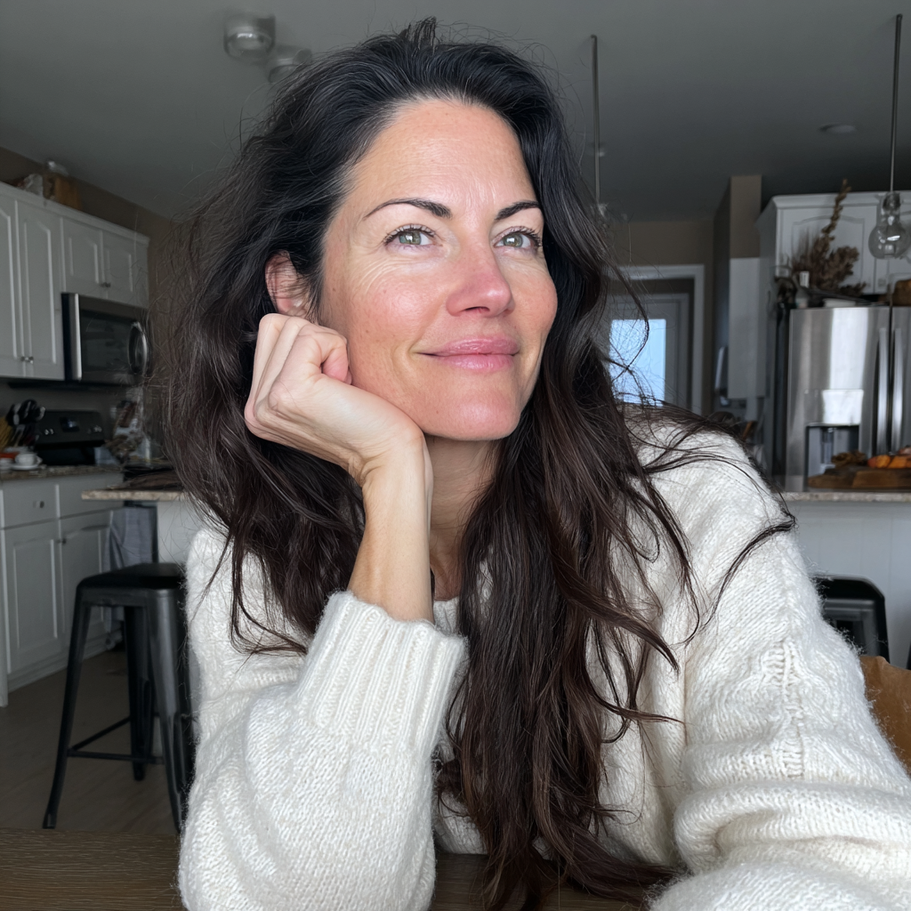 Una mujer sonriente sentada a una mesa | Fuente: Midjourney