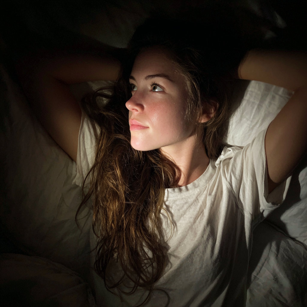 Una mujer pensativa tumbada en su cama | Fuente: Midjourney