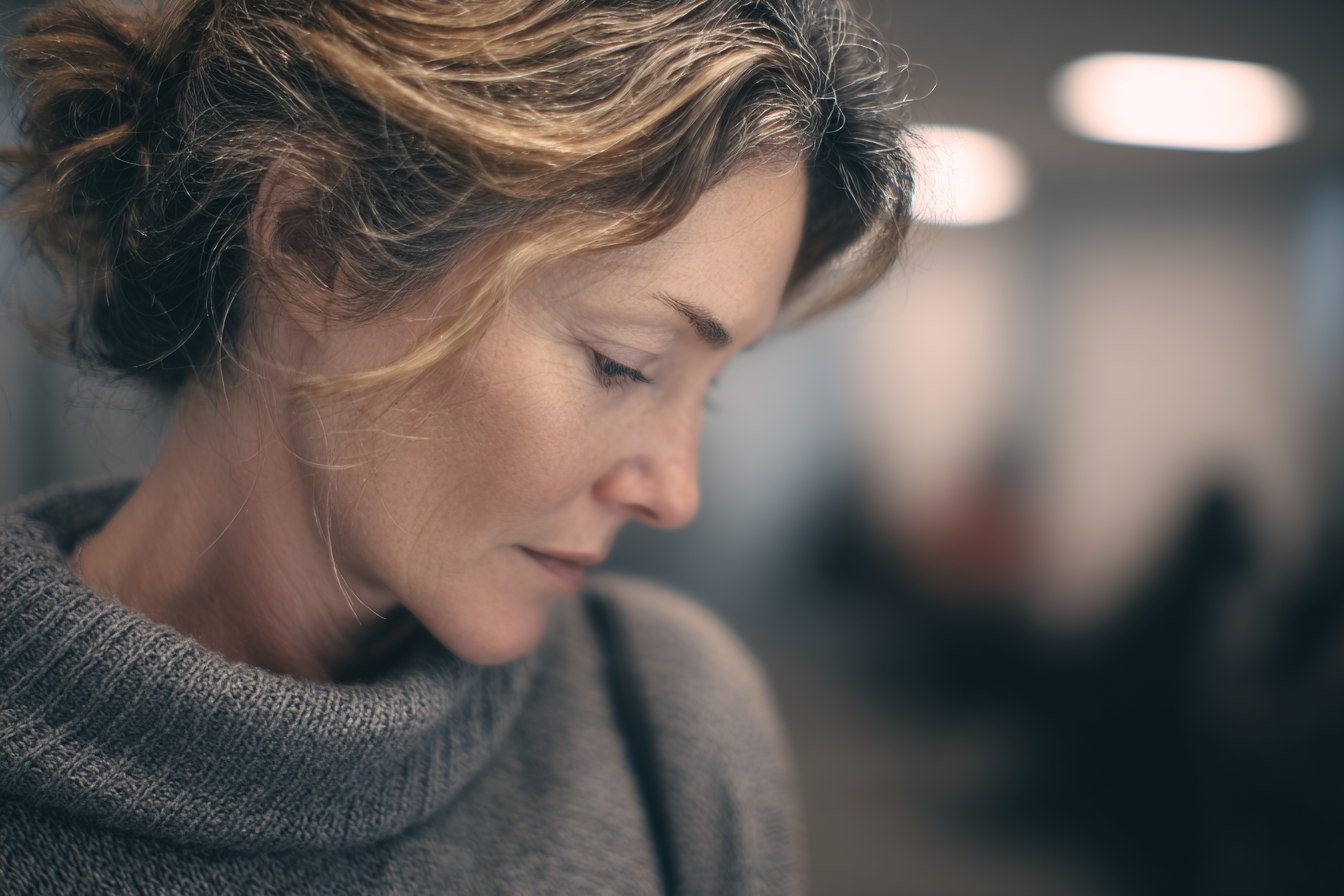 Una mujer mirando hacia abajo | Fuente: Midjourney