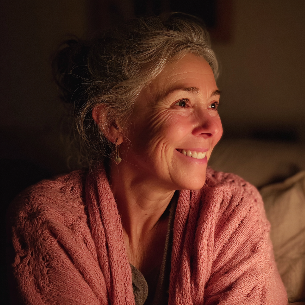 Una mujer sonriente sentada en un sofá | Fuente: Midjourney