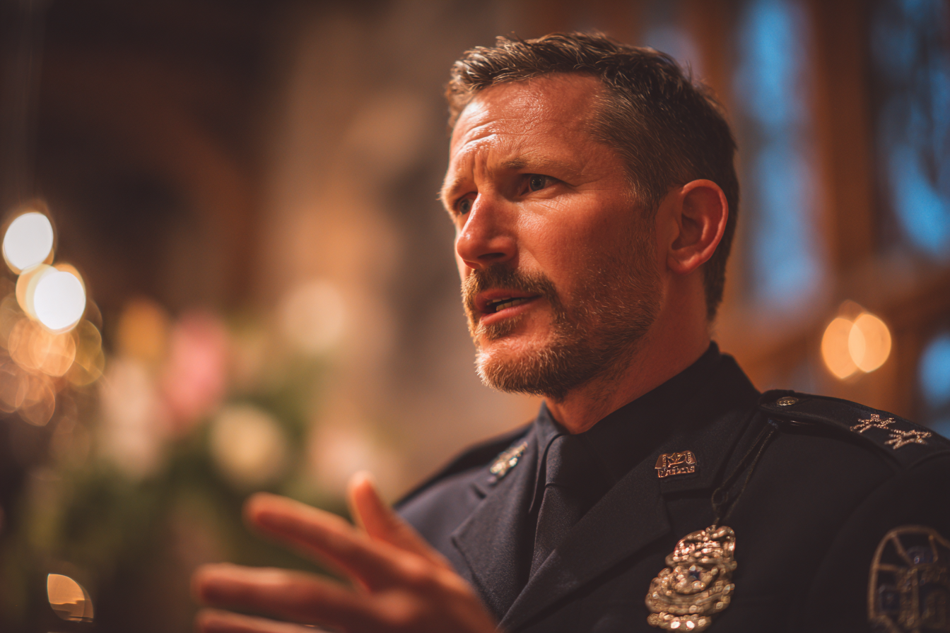 Un agente de policía hablando | Fuente: Midjourney