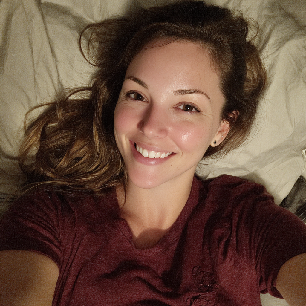 Una mujer sonriente tumbada en su cama | Fuente: Midjourney